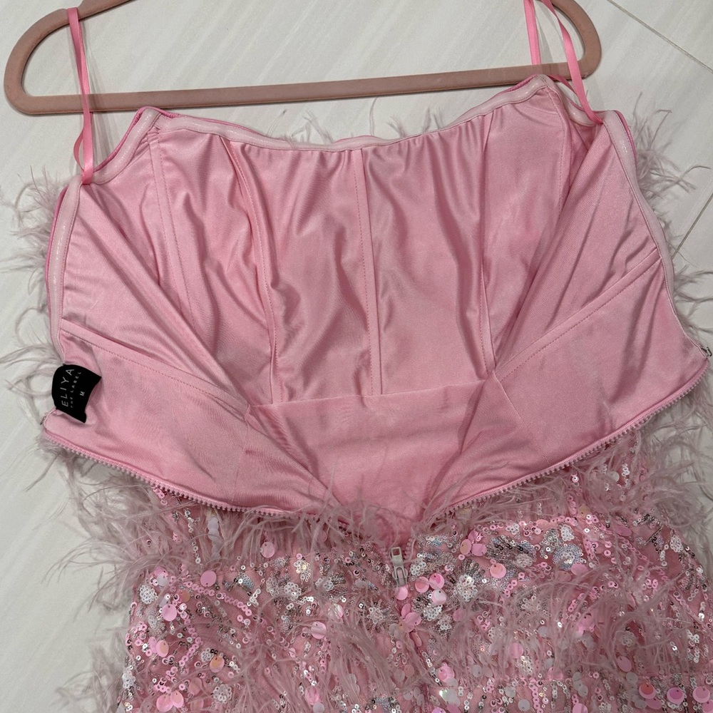 Strapless Pink Midi Dress with Feather & Sequin Detailing and custom cape - Picture 5 of 15